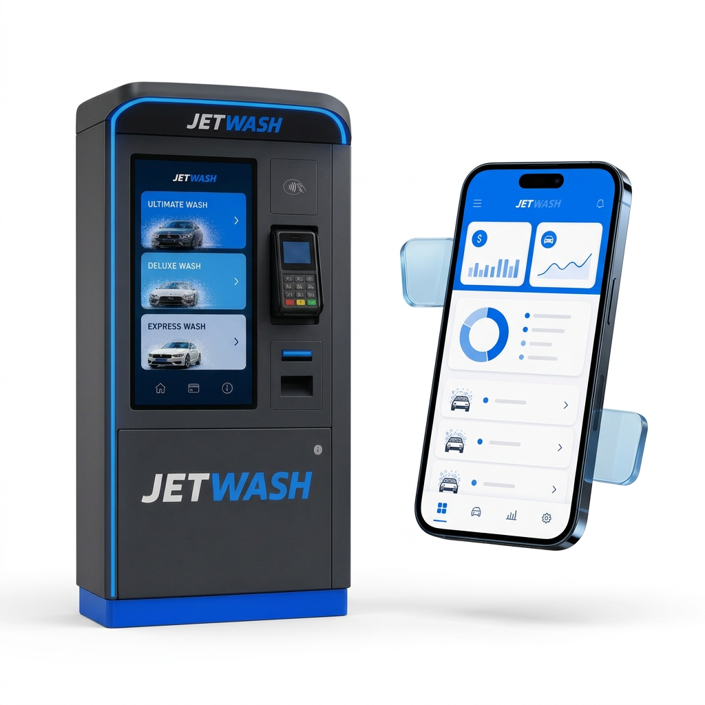 Illustrative JetWash payment kiosk and connected operator app